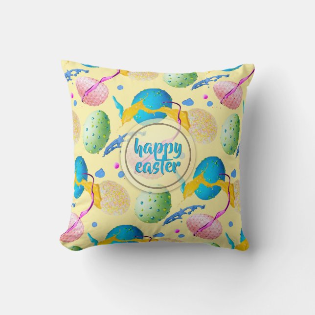Colourful Easter Eggs and Paint Splash Cushion (Front)