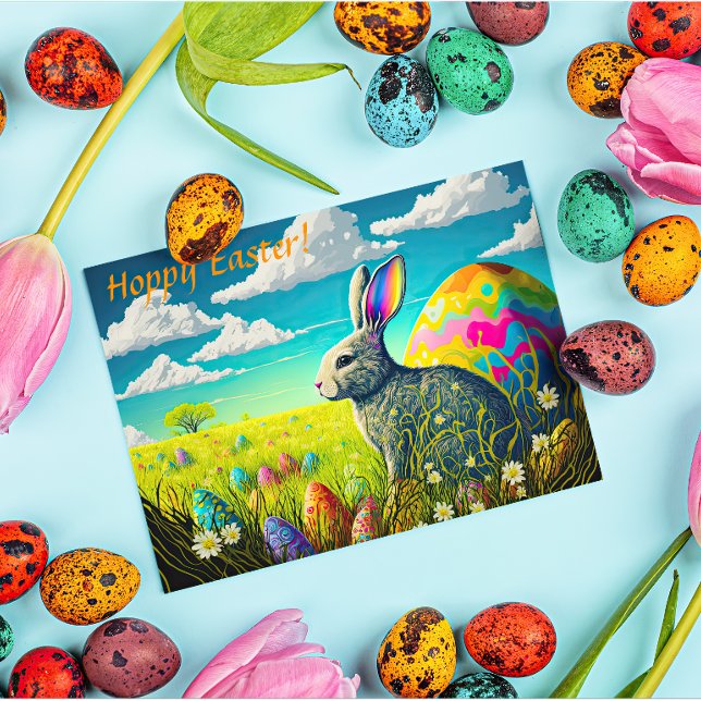 Colourful Easter Eggs & Easter Bunny in Meadow Hol Holiday Postcard (Creator Uploaded)
