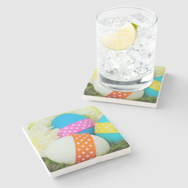 Colourful Easter Eggs, Happy Easter, Holiday Stone Coaster (Side)