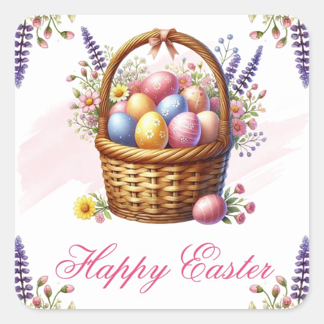 Colourful Easter Eggs in Basket Happy Easter Square Sticker (Front)