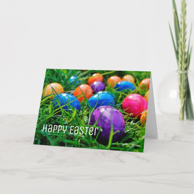 Colourful Easter Eggs on Grass Photo, Happy Easter Holiday Card (Front)