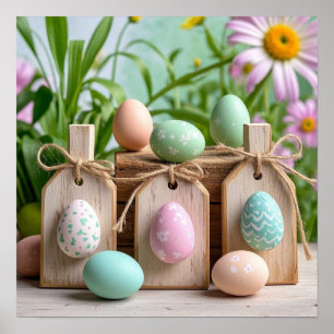 Colourful Easter Eggs on wooden board Poster