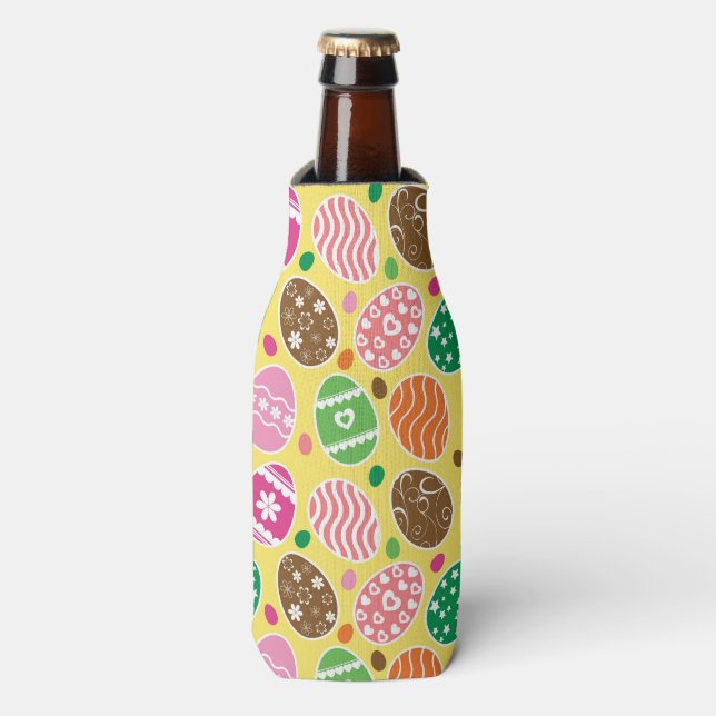 Colourful Easter Eggs Pattern Yellow Background Bottle Cooler (Bottle Front)