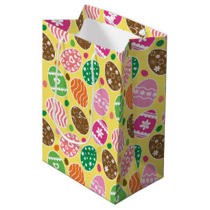 Colourful Easter Eggs Pattern Yellow Background Medium Gift Bag