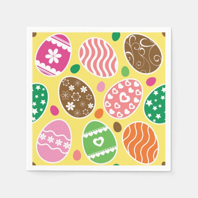 Colourful Easter Eggs Pattern Yellow Background Napkin (Front)