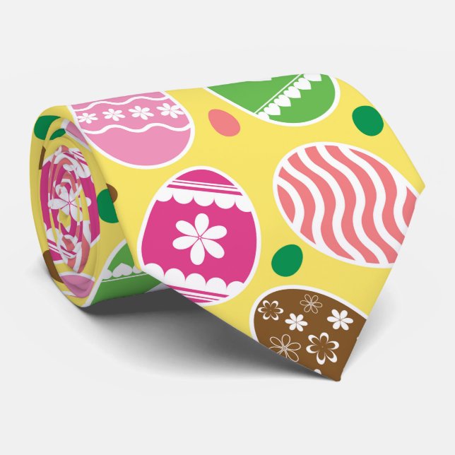 Colourful Easter Eggs Pattern Yellow Background Tie (Rolled)