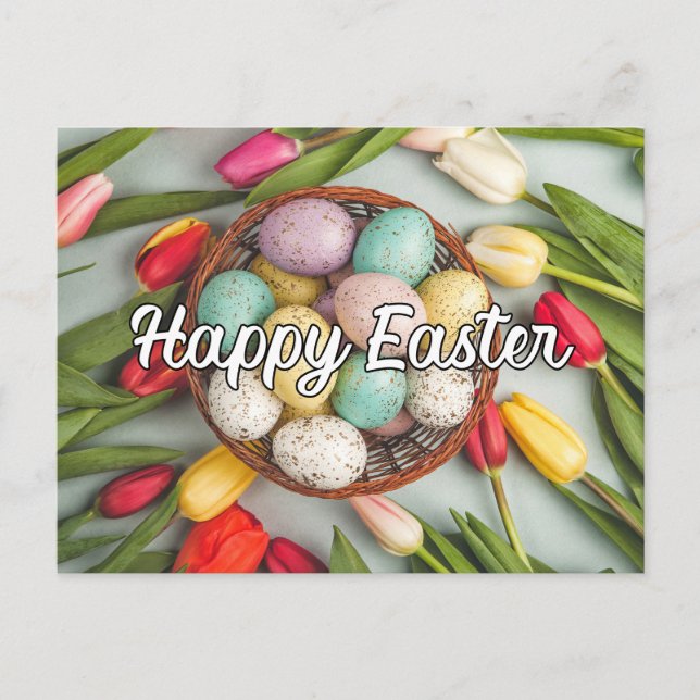Colourful Easter Eggs & Tulip Flowers Collage Postcard (Front)
