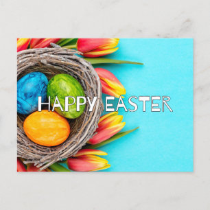 Colourful Easter Eggs & Tulip Flowers Postcard