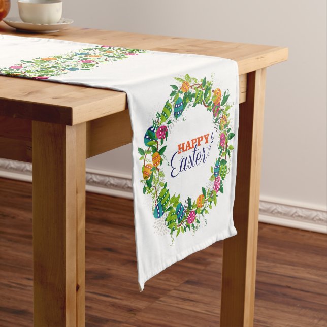 Colourful Easter Eggs Wreath And Stripes Medium Table Runner (In Situ)
