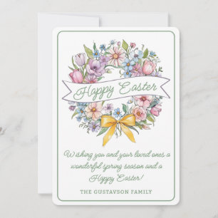 Colourful Easter Floral Wreath With Yellow Bow Holiday Card