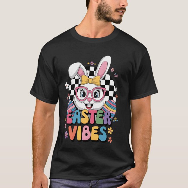 Colourful Easter Vibes Bunny Ears Eggs Spring Holi T-Shirt (Front)