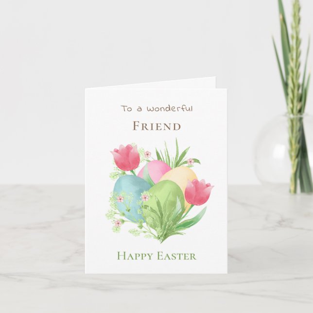 Colourful Eggs and Tulips Friend Easter  Card (Front)