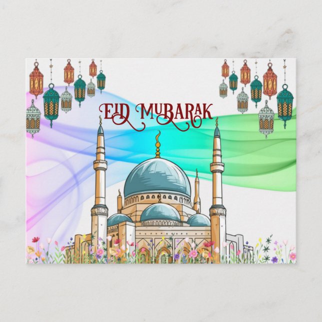 Colourful Eid Mubarak Card with Mosque (Front)