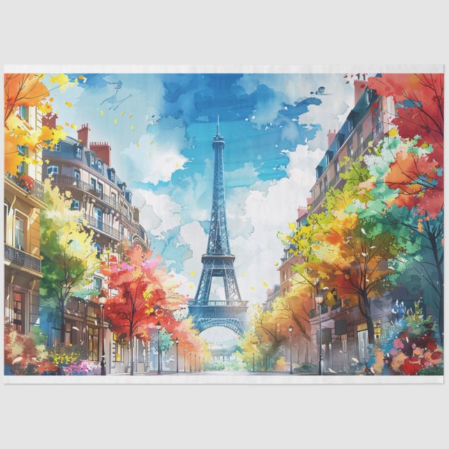 Colourful Eiffel Tower Paris Watercolor Decoupage Tissue Paper (Front)