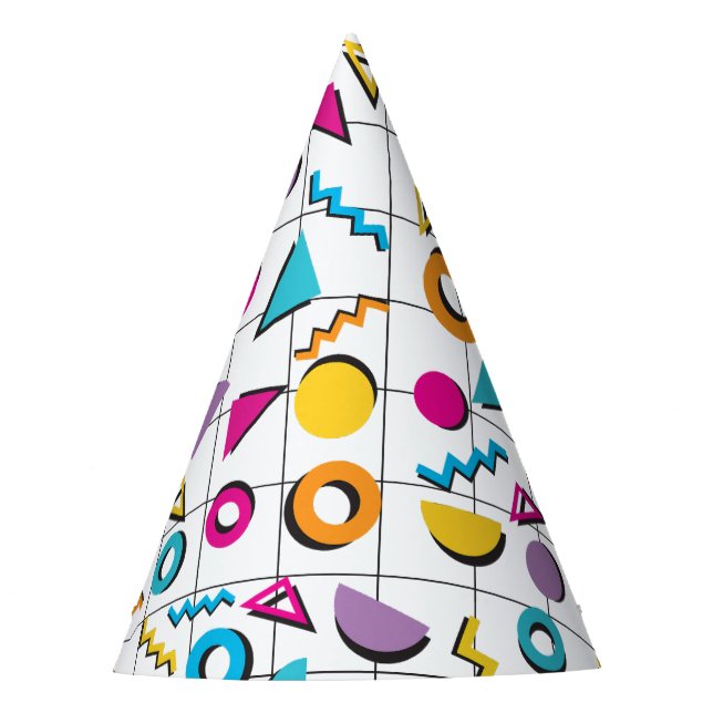 Colourful Eighties 80's Retro Geometric Pattern Party Hat (Front)