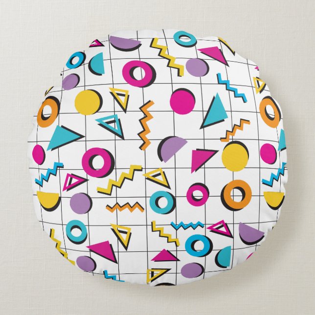 Colourful Eighties 80's Retro Geometric Pattern Round Cushion (Front)