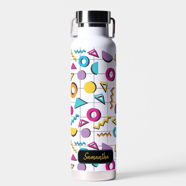Colourful Eighties 80's Retro Geometric Pattern Water Bottle (Front)