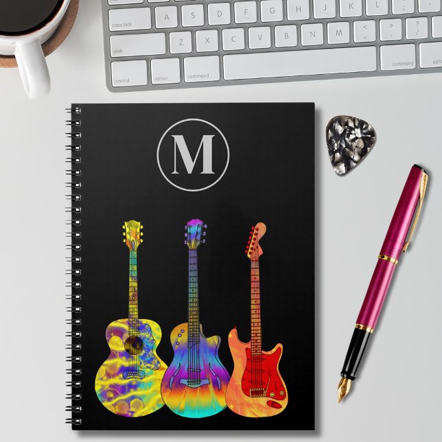 Colourful electric acoustic guitars personalised notebook (Funky colorful guitars o black custom monogram initial notebook for songwriting guitarist musicians)