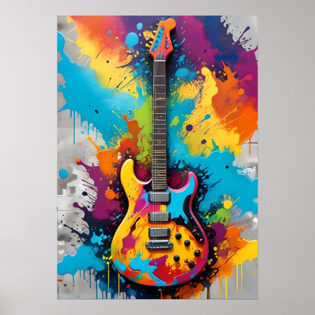 Colourful Electric Guitar Graffiti, Music Vibes Poster (Front)