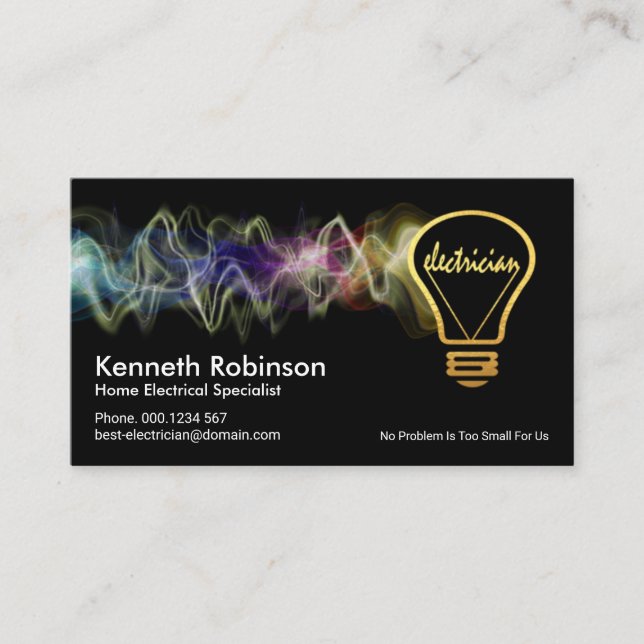 Colourful Electrical Wave Gold Electrician Bulb Business Card (Front)