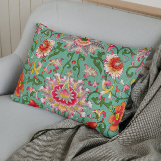 Colourful Elegant Asian Floral Chinoiserie Green Decorative Cushion