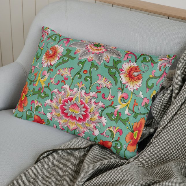 Colourful Elegant Asian Floral Chinoiserie Green Decorative Cushion (Creator Uploaded)