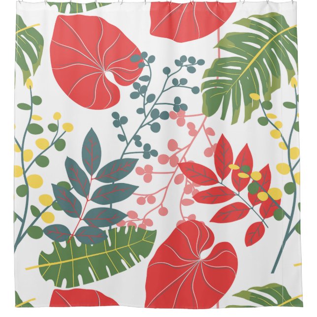 Colourful elegant botanical pattern green red  shower curtain (Front)