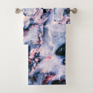 Colourful Elegant Marble White Blue and Pink Bath Towel Set