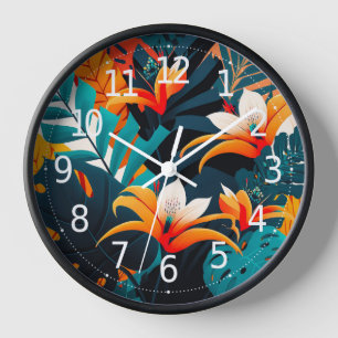 Colourful Elegant Tropical Leaves and Flowers   Clock