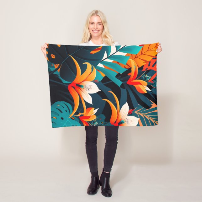 Colourful Elegant Tropical Leaves and Flowers | Fleece Blanket (In Situ)