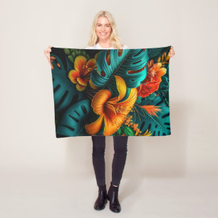 Colourful Elegant Tropical Leaves and Flowers   Fleece Blanket