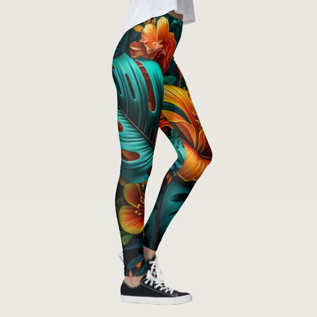 Colourful Elegant Tropical Leaves and Flowers | Leggings (Right)