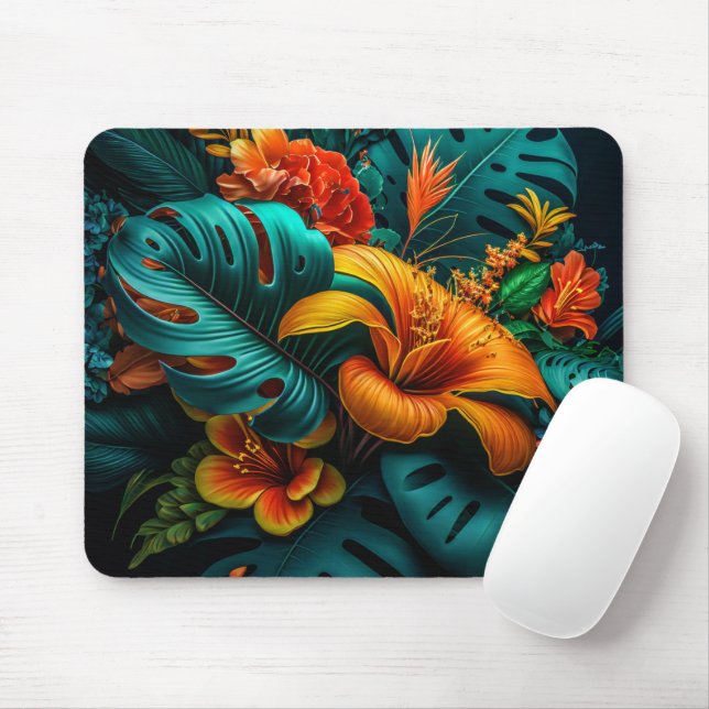 Colourful Elegant Tropical Leaves and Flowers | Mouse Pad (With Mouse)