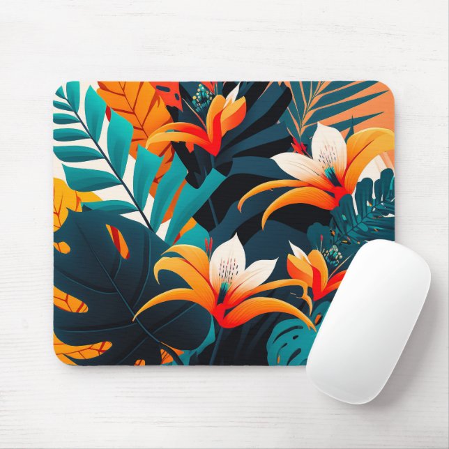 Colourful Elegant Tropical Leaves and Flowers | Mouse Pad (With Mouse)