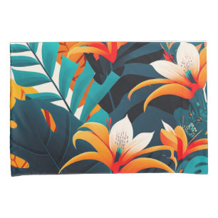 Colourful Elegant Tropical Leaves and Flowers Pillowcase