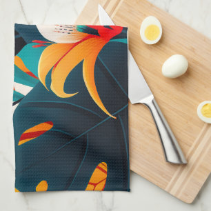 Colourful Elegant Tropical Leaves and Flowers   Tea Towel