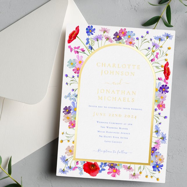 Colourful  Elegant Wildflower Arch Gold (Colorful wildflower arch gold foil wedding invitation )