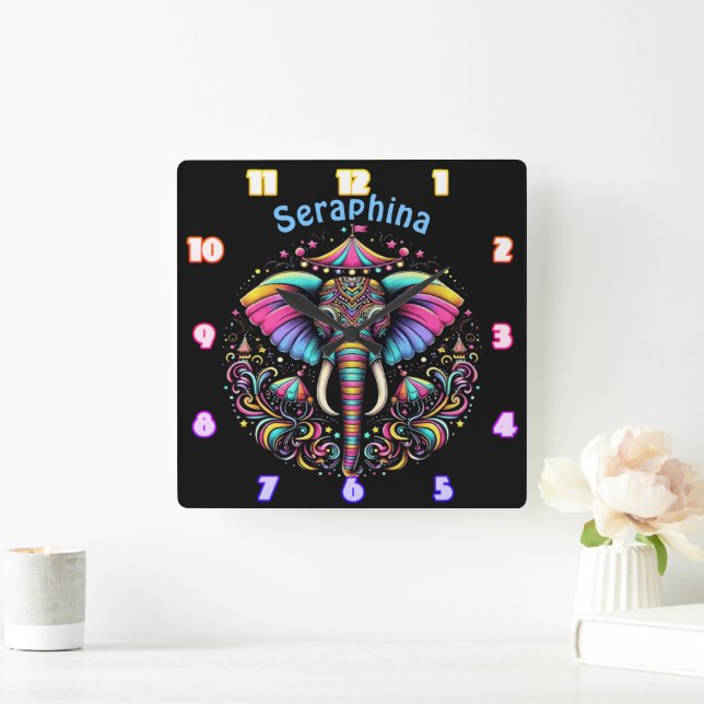 Colourful elephant at a festive fair square wall clock (Home)