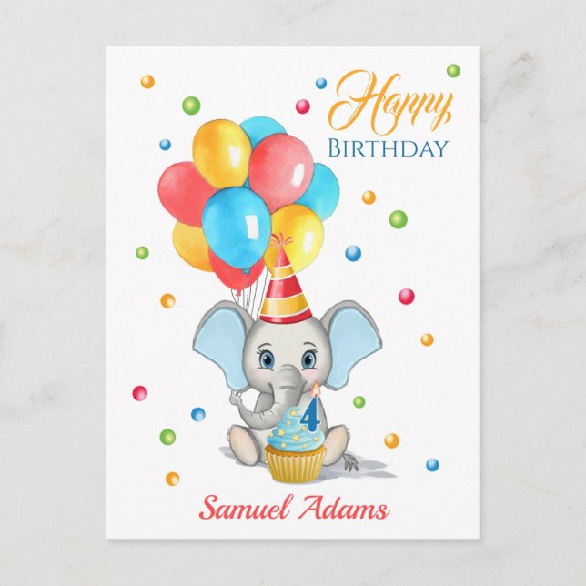 Colourful Elephant Cartoon Kids Birthday Postcard (Front)