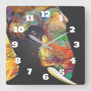 Colourful Elephant Head Portrait Drawing Square Wall Clock