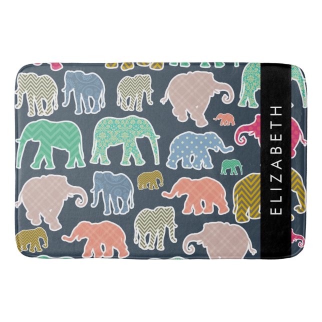 Colourful Elephants, Elephant Pattern, Your Name Bath Mat (Front)