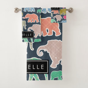 Colourful Elephants, Elephant Pattern, Your Name Bath Towel Set