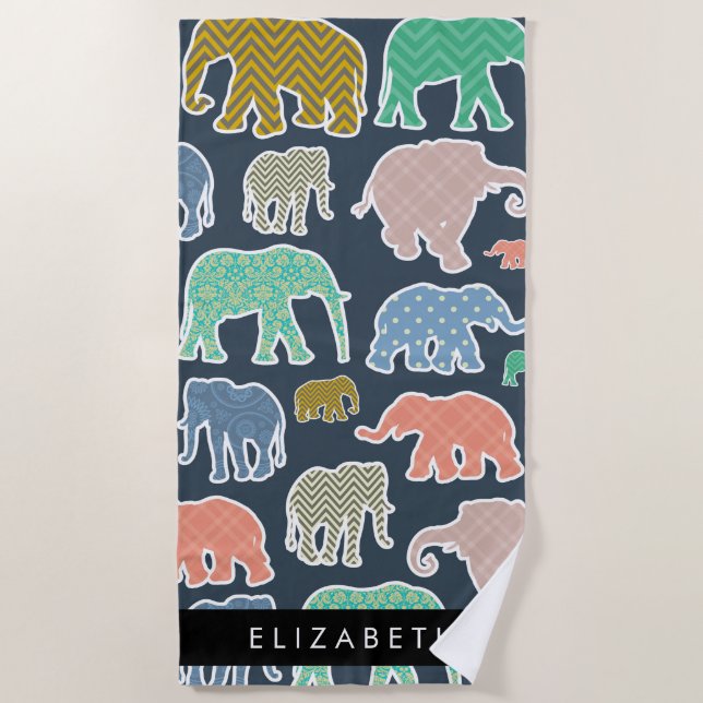 Colourful Elephants, Elephant Pattern, Your Name Beach Towel (Front)