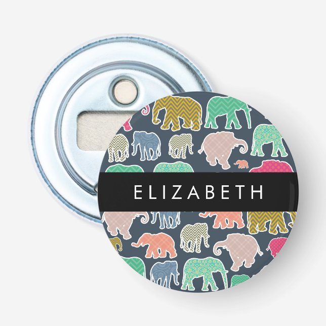 Colourful Elephants, Elephant Pattern, Your Name Bottle Opener (Front)