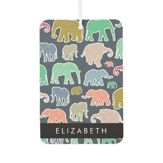 Colourful Elephants, Elephant Pattern, Your Name Car Air Freshener (Front)