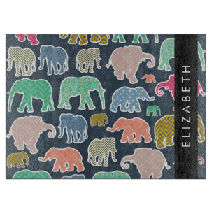 Colourful Elephants, Elephant Pattern, Your Name Cutting Board