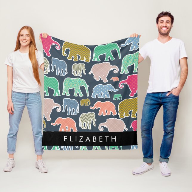 Colourful Elephants, Elephant Pattern, Your Name Fleece Blanket (In Situ)