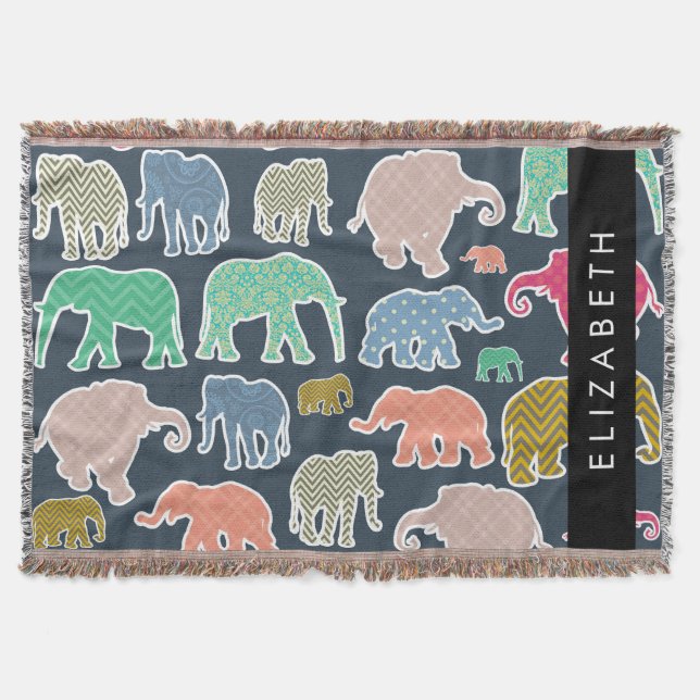 Colourful Elephants, Elephant Pattern, Your Name Throw Blanket (Front)