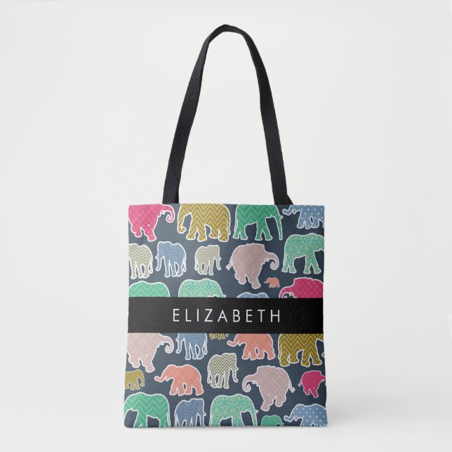 Colourful Elephants, Elephant Pattern, Your Name Tote Bag (Front)