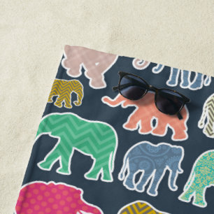 Colourful Elephants, Pattern Of Elephants, Zigzag Beach Towel
